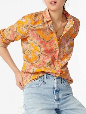 J. Crew Colection 100% Cotton  Ratti Paisley Button-Up Blouse Orange & Pink 6